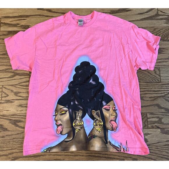 Megan Thee Stallion & Cardi B T Shirt WAP Graffiti Airbrushed Pink Hip Hop XL - Picture 1 of 6